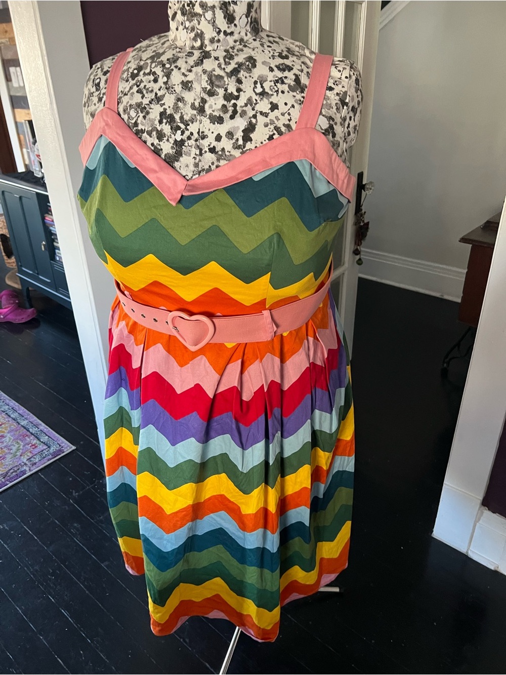 Collectif rainbow chevron Dress with Pink heart belt